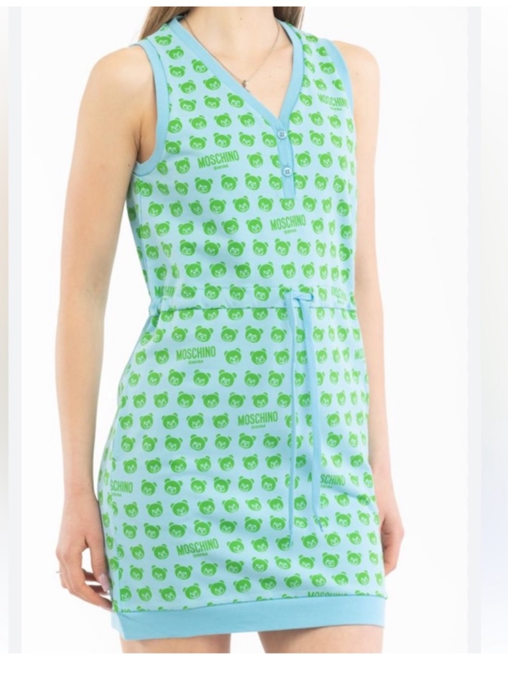 Moschino Aqua Green Sleeveless V‑Neck Drawstring Mini Dress